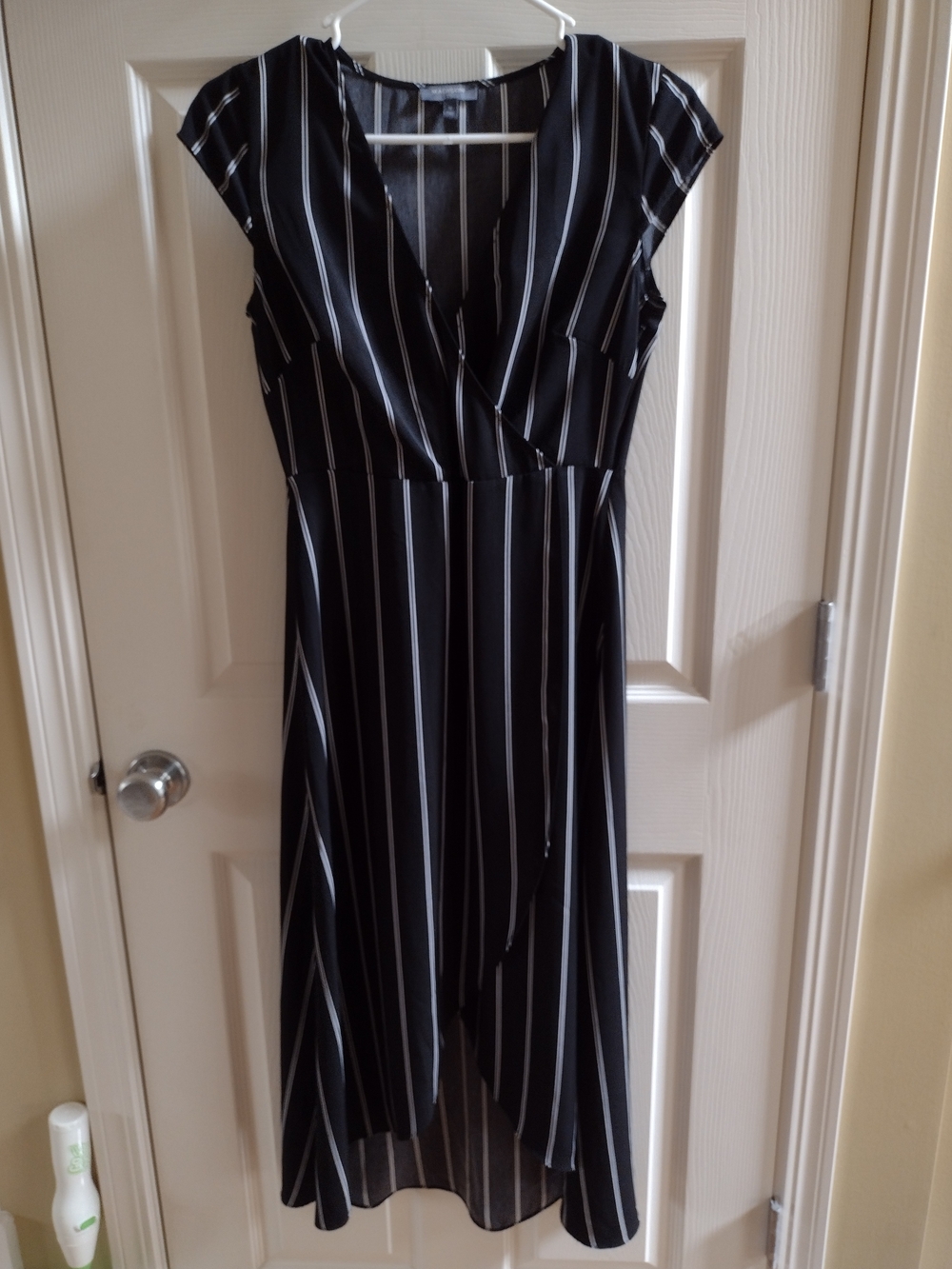 Black & White Striped Wrap Midi Dress